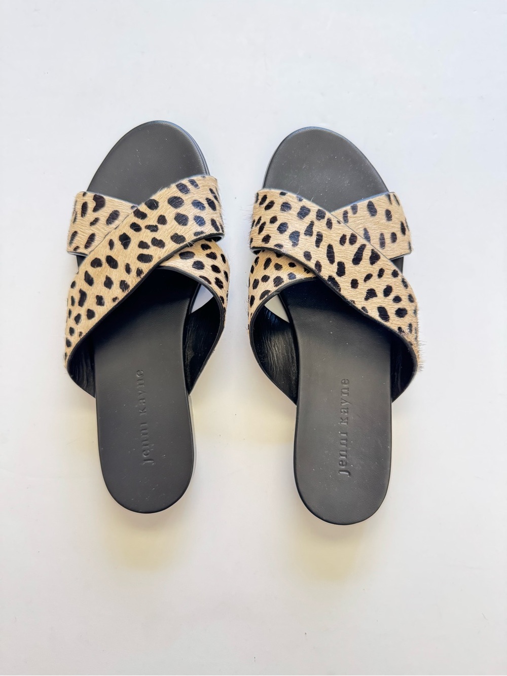 Jenni Kayne Leopard Print Pony Hair Crossover Strap Slide Sandals size EU 36